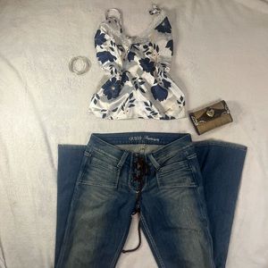 White and blue flower patterned shirt